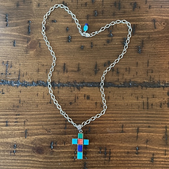 Sterling silver chain w/ cross of turquoise, coral, lapis and jasper - Picture 3 of 6